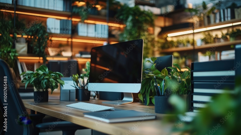 A modern office space showcases a clean desk with dual monitors, an ergonomic chair, and planters. Shelves filled with books enhance the productive atmosphere A modern office space showcases a clean desk with dual monitors, an ergonomic chair, and planters. Shelves filled with books enhance the productive atmosphere