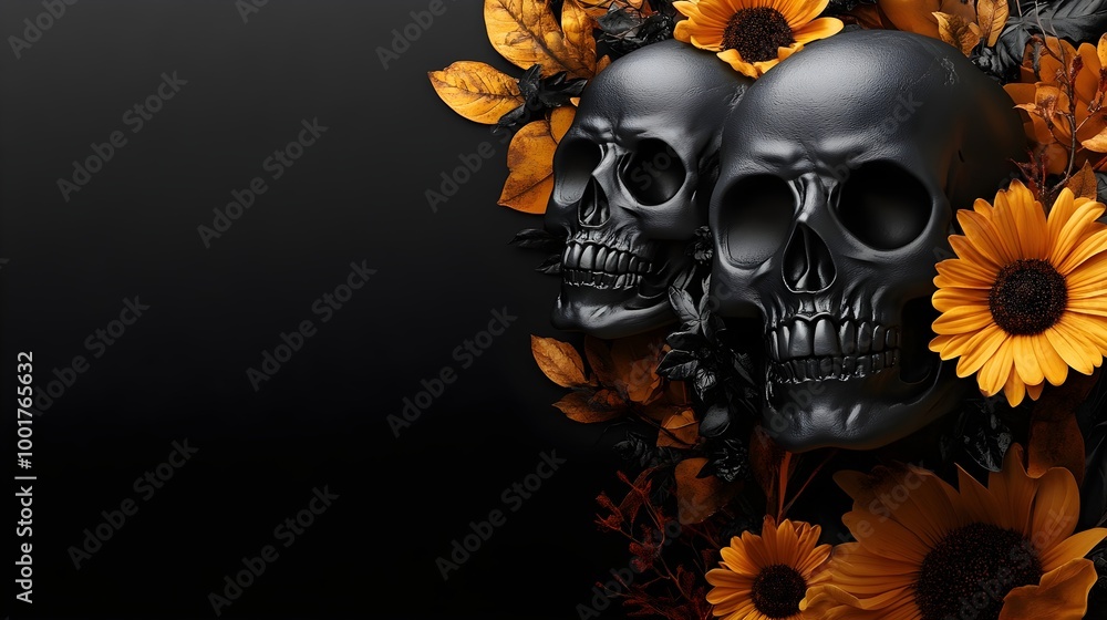 two black skulls positioned on the right side, surrounded by vibrant orange flowers. The background is a solid black, creating a stark contrast that highlights the skulls and flowers two black skulls positioned on the right side, surrounded by vibrant orange flowers. The background is a solid black, creating a stark contrast that highlights the skulls and flowers