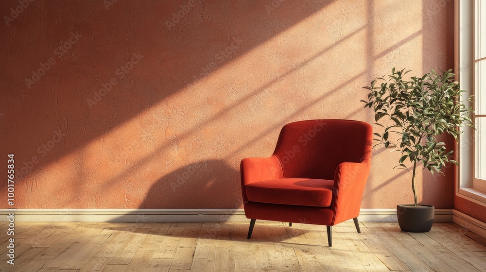 Cozy red armchair by a sunlit window with a potted plant Cozy red armchair by a sunlit window with a potted plant