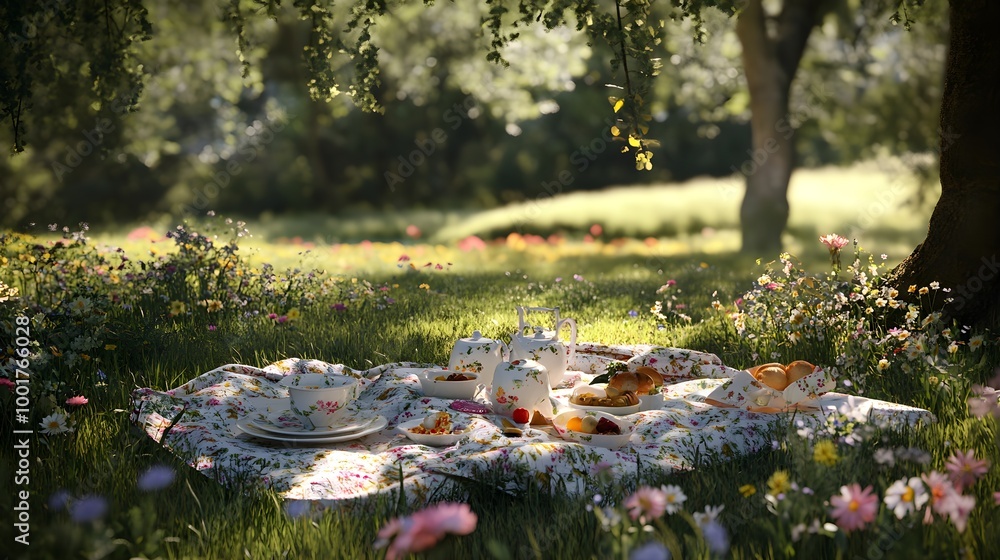 Fototapeta premium Romantic Picnic Scene in Serene Nature Setting