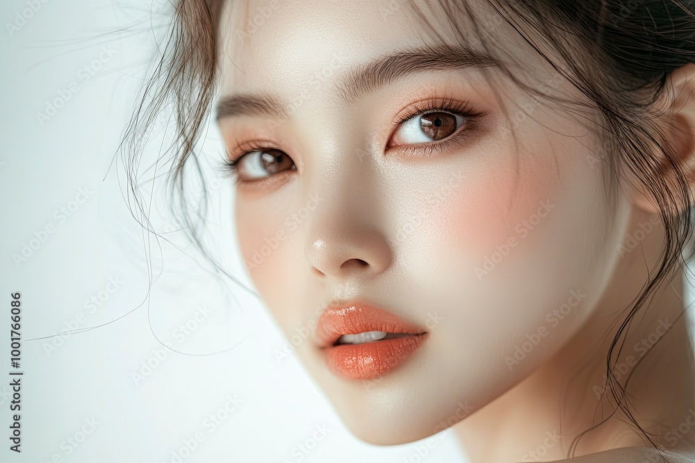 Close-up portrait of young Asian beautiful woman with K-beauty make up style and healthy and perfect skin isolated on beige background for skincare commercial product advertising. with generative ai Close-up portrait of young Asian beautiful woman with K-beauty make up style and healthy and perfect skin isolated on beige background for skincare commercial product advertising. with generative ai