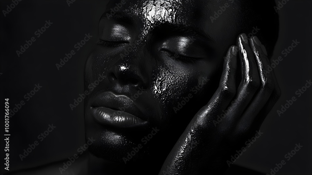a close-up portrait of a person with very dark skin, which appears to be glistening or shiny, possibly due to oil or moisture. The person's eyes are closed, and their expression is calm and serene a close-up portrait of a person with very dark skin, which appears to be glistening or shiny, possibly due to oil or moisture. The person's eyes are closed, and their expression is calm and serene