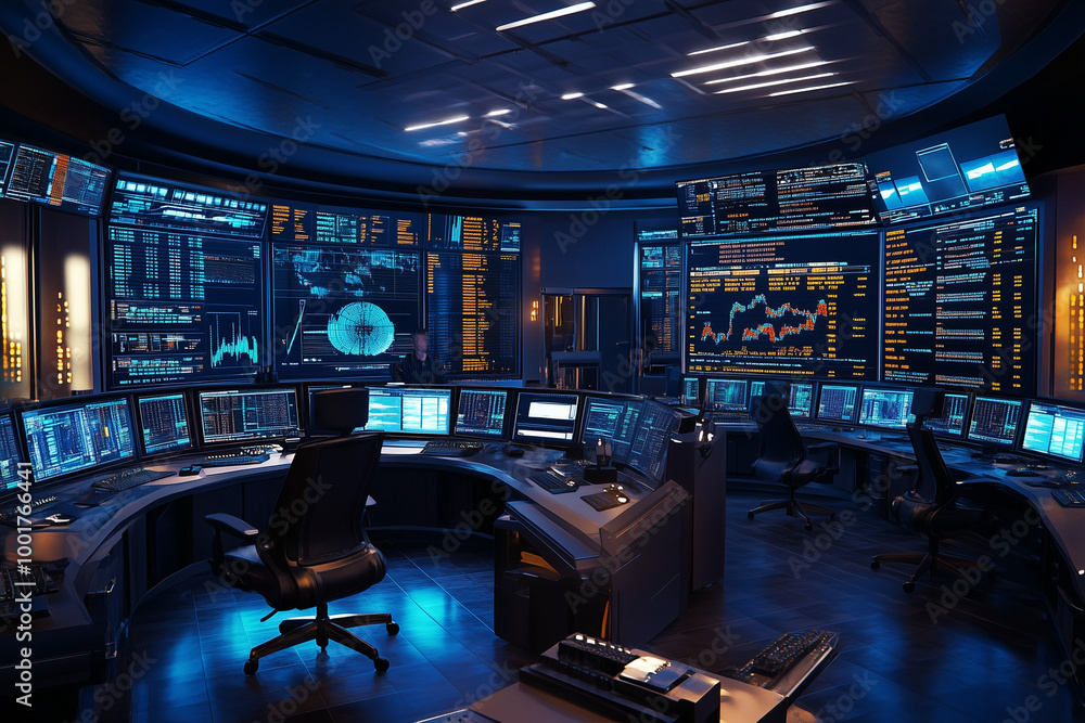 Mission Control: Trader War Room with Command Center Setup, Traders Monitoring Global Markets for Decisive Actions Mission Control: Trader War Room with Command Center Setup, Traders Monitoring Global Markets for Decisive Actions