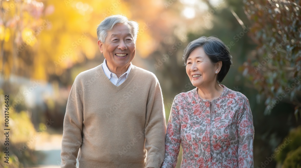 Autumn Stroll, Senior Asian Couple Walking Hand in Hand in Scenic Park, Living Active Lifestyle Autumn Stroll, Senior Asian Couple Walking Hand in Hand in Scenic Park, Living Active Lifestyle