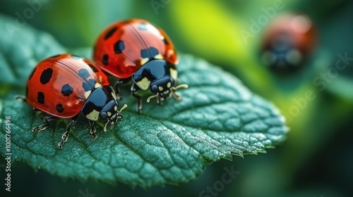 Close-up of ladybugs on a green leaf with a blurred colorful background photo