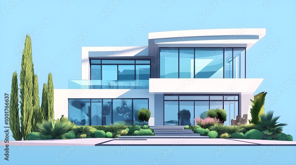 Modern Two-Story House with Large Windows and Garden Modern Two-Story House with Large Windows and Garden