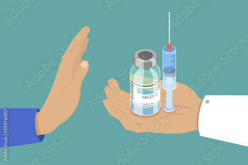 3D Isometric Flat Vector Illustration of Anti-vaccination Protest, Rejection of Medical Vaccination