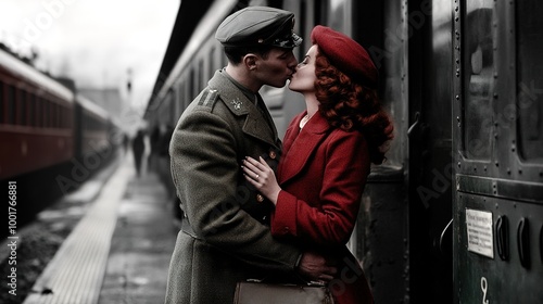 A vintage photograph, black and white with a touch of color, of a soldier man and a woman kissing passionately at the train station, he is returning from the war.  photo