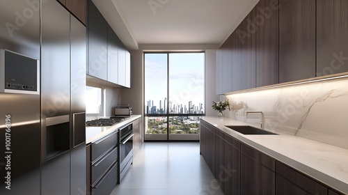 Wallpaper Mural Modern Kitchen with Sleek Cabinets and City View Torontodigital.ca