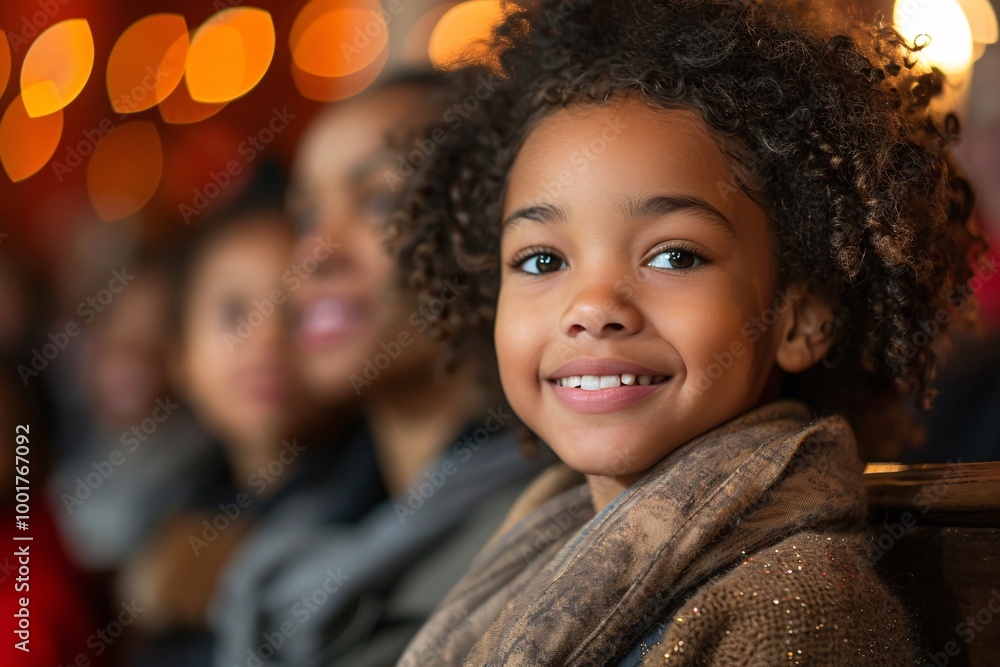 A joyful child with curly hair smiles brightly while seated among an enthusiastic audience at a lively event. The warm ambiance enhances the festive mood all around A joyful child with curly hair smiles brightly while seated among an enthusiastic audience at a lively event. The warm ambiance enhances the festive mood all around