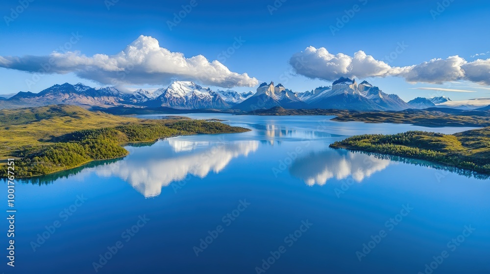 Obraz premium A panoramic aerial view of a serene lake surrounded by majestic mountains, with a blue sky and fluffy clouds reflecting on the calm water.