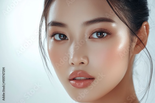 Close-up portrait of young Asian beautiful woman with K-beauty make up style and healthy and perfect skin isolated on beige background for skincare commercial product advertising. with generative ai