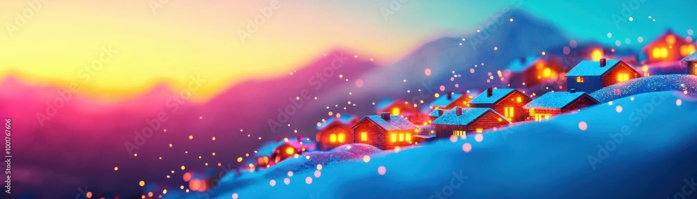 Fototapeta premium Cozy Christmas Village in Snowy Mountains - Festive Holiday Illustration with Copy Space
