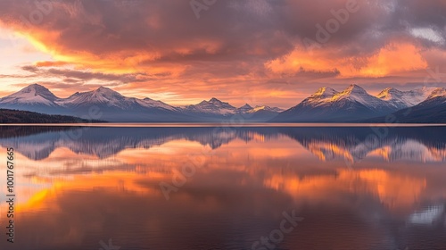 A panoramic view of a mountain range reflected in a calm lake at sunrise. The sky is ablaze with vibrant orange and pink hues, creating a breathtaking scene of natural beauty.