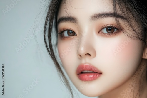 Close-up portrait of young Asian beautiful woman with K-beauty make up style and healthy and perfect skin isolated on beige background for skincare commercial product advertising. with generative ai