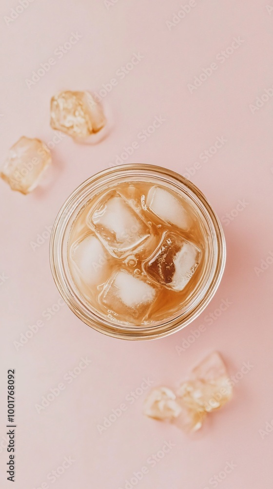 Iced Coffee in Mason Jar on Pink Background Iced Coffee in Mason Jar on Pink Background