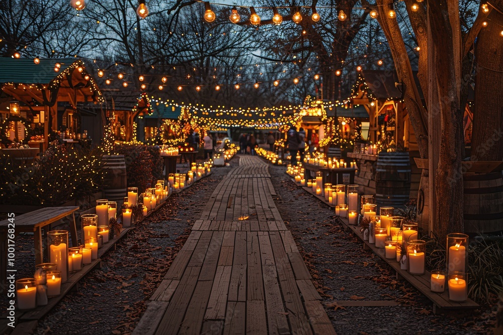 A bustling winter market is adorned with glowing candles lining the pathway, while string lights create a warm ambience. Visitors enjoy the festive decorations and cozy atmosphere during the evening A bustling winter market is adorned with glowing candles lining the pathway, while string lights create a warm ambience. Visitors enjoy the festive decorations and cozy atmosphere during the evening
