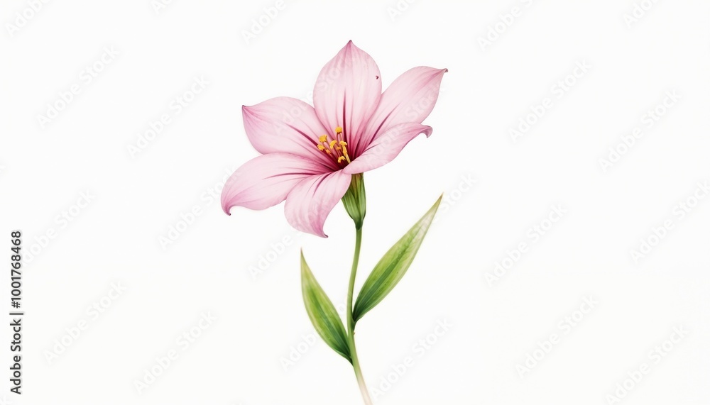 Digital illustration of a pink lily flower with green leaves on a plain white background Digital illustration of a pink lily flower with green leaves on a plain white background