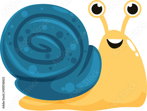 Happy cartoon snail is crawling along with a big smile on its face and a big blue shell