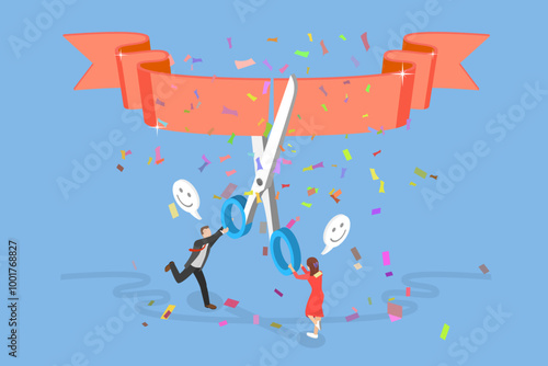 3D Isometric Flat Vector Illustration of Start New Business, Businesspeople Cuting Ribbon to Celebrate Launching of a New Company