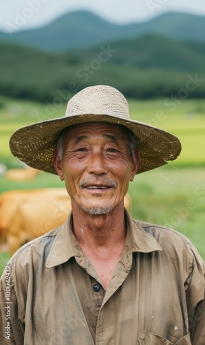 A man in a straw hat smiles for the camera. AI.