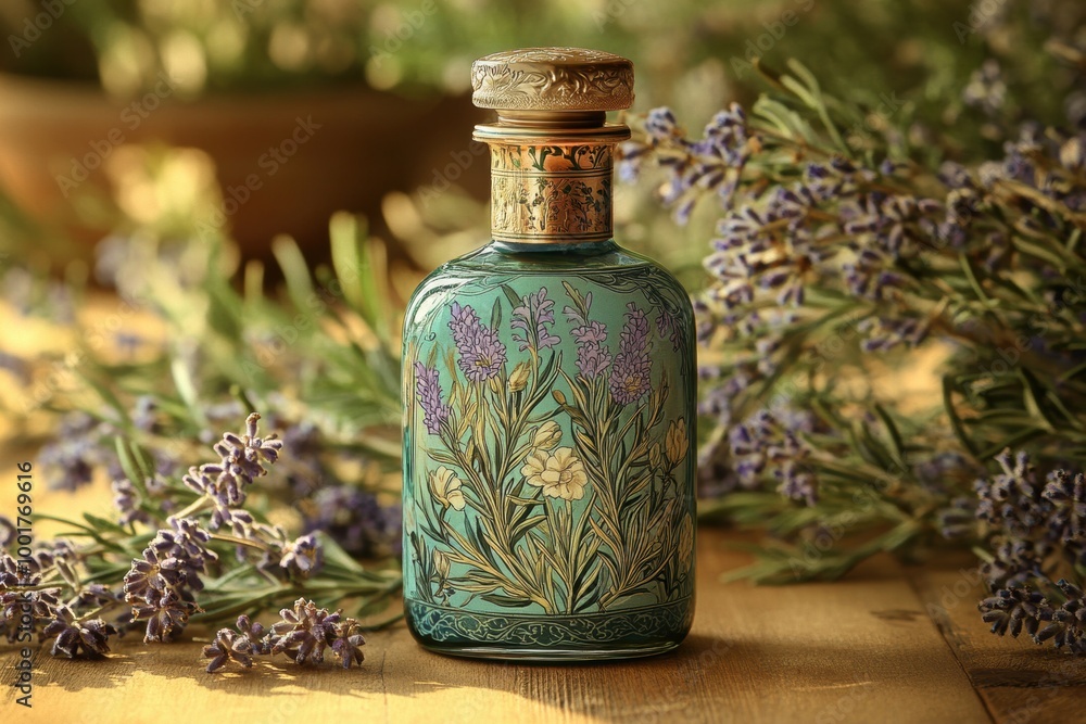 bottle label design, an elegant rosemary oil bottle features intricate green and lavender floral accents for a stylish look bottle label design, an elegant rosemary oil bottle features intricate green and lavender floral accents for a stylish look