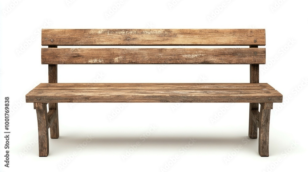 A rustic wooden bench with a weathered finish and two slats on the back, isolated on a white background. A rustic wooden bench with a weathered finish and two slats on the back, isolated on a white background.