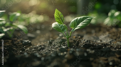 A small green plant emerges from the rich, dark soil, its leaves reaching for the sunlight.