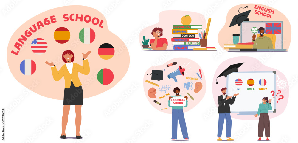 Language School Featuring English Lessons With A Multilingual Learning Environment. Includes Different National Flags Language School Featuring English Lessons With A Multilingual Learning Environment. Includes Different National Flags
