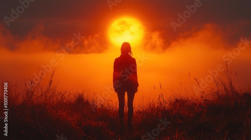 A lone woman stands in a field silhouetted against a setting sun and fog.