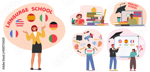 Language School Featuring English Lessons With A Multilingual Learning Environment. Includes Different National Flags