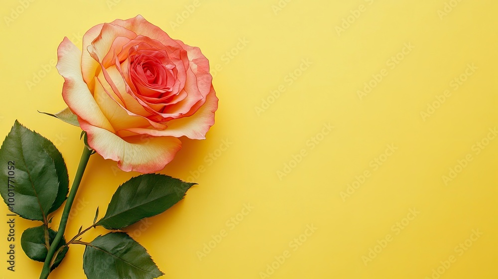 Fototapeta premium Composition with beautiful rose on yellow background with space for text with generative ai