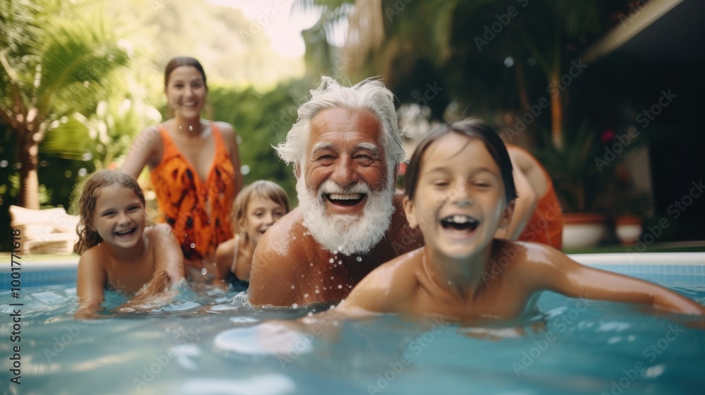 A multi-generational family laughs and splashes in a pool, capturing the joy and warmth of shared moments and family togetherness on a bright, sunny day. A multi-generational family laughs and splashes in a pool, capturing the joy and warmth of shared moments and family togetherness on a bright, sunny day.