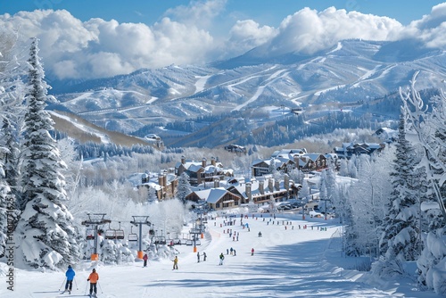 Skiers carve through fresh powder on a winter day at a scenic mountain resort. Majestic peaks and fluffy clouds enhance the beauty of the landscape photo