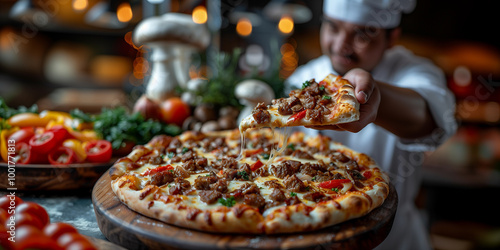 Chef offers fresh pizza in a restaurant. Close-up of pizza. photo