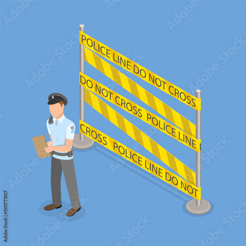 3D Isometric Flat Vector Illustration of Area With Yellow Tape, Serious Police Officer Near Fenced Area With Yellow Tape