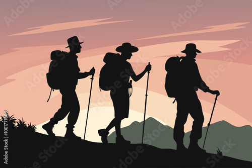 Silhouettes of three hikers walking side by side, each carrying large backpacks and using trekking poles. The first hiker wears a cap, the second a helmet, and the third a wide-brimmed hat. 