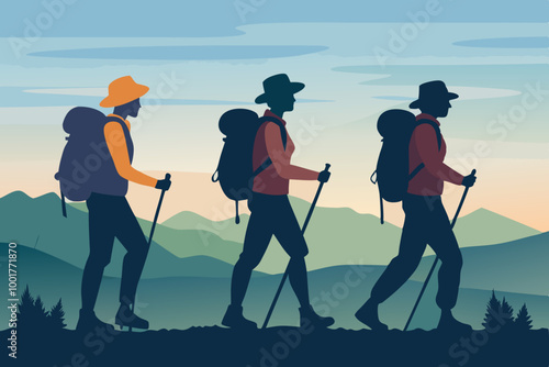 Silhouettes of three hikers walking side by side, each carrying large backpacks and using trekking poles. The first hiker wears a cap, the second a helmet, and the third a wide-brimmed hat. 