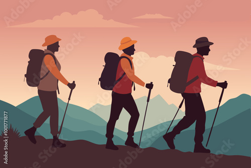 Silhouettes of three hikers walking side by side, each carrying large backpacks and using trekking poles. The first hiker wears a cap, the second a helmet, and the third a wide-brimmed hat. 