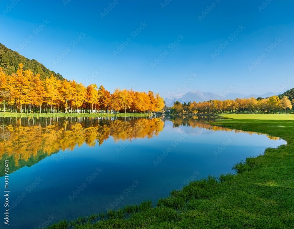 Tranquil Autumn Reflections: Moon Lake's Beauty with Green Field Foreground Tranquil Autumn Reflections: Moon Lake's Beauty with Green Field Foreground