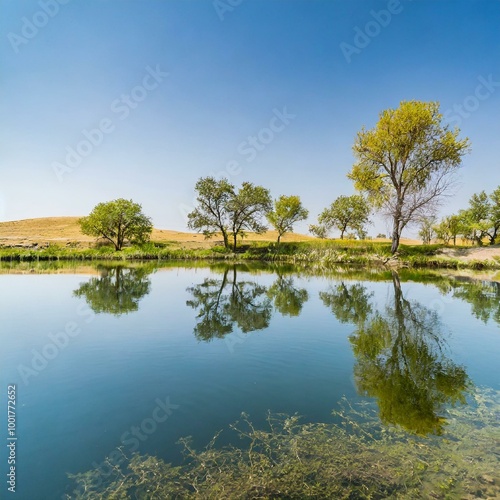 Nature's Canvas: Wide-Angle View of Trees and Prairie Reflected in Blue Water