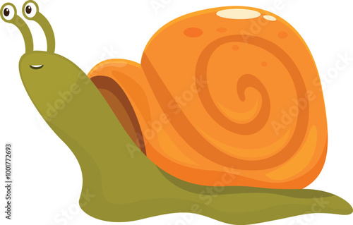 Cartoon snail with an orange shell is crawling along a white background