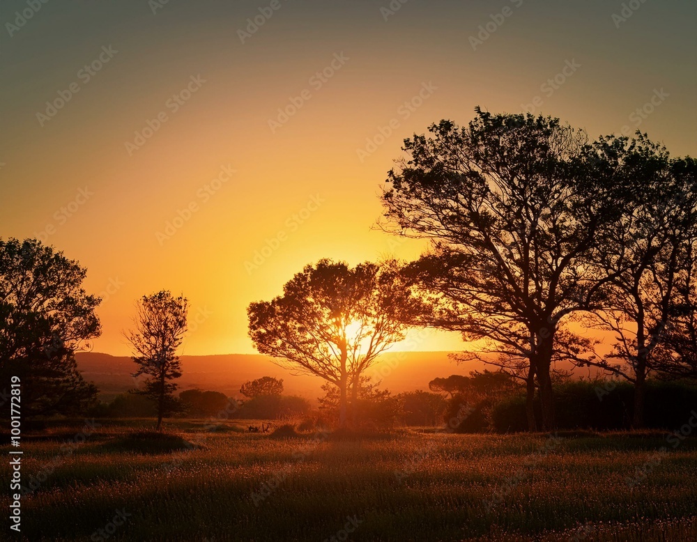 Golden Hour: An Orange Sunset Embracing Trees in Stillness