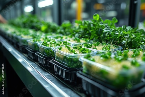 A close-up of a row of trays containing fresh microgreens growing under artificial lighting in a hydroponic farm.