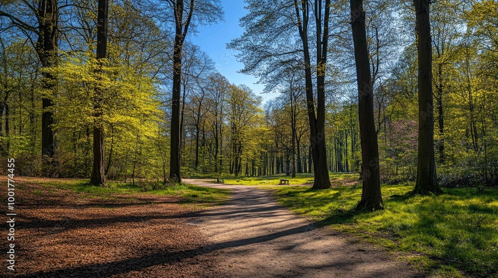 Fototapeta premium A winding path through a lush green forest with tall trees casting long shadows.