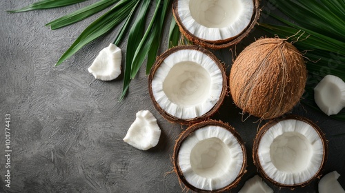 Fresh coconuts split open with palm leaves on a textured gray background photo