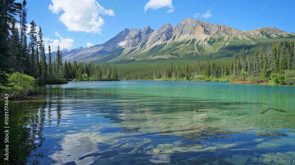 Obraz premium Serene mountain lake with crystal clear water reflecting the blue sky and majestic peaks.