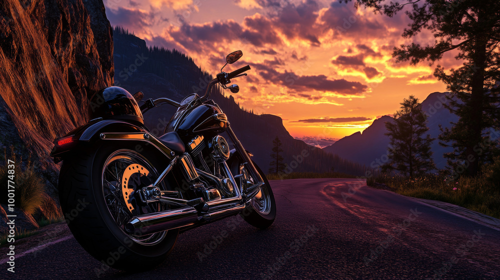 Imagine a sleek motorcycle parked on a winding mountain road at sunset. The vibrant sky is painted with hues of orange, pink, and purple, casting a warm glow on the chrome details of the bike. Imagine a sleek motorcycle parked on a winding mountain road at sunset. The vibrant sky is painted with hues of orange, pink, and purple, casting a warm glow on the chrome details of the bike.