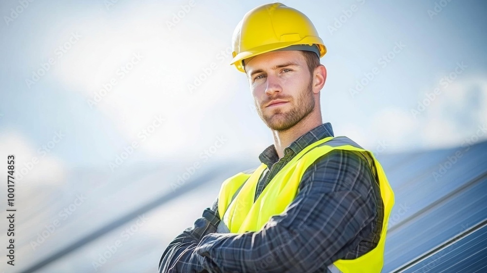 A young male engineer wearing a hard hat and safety vest poses confidently in front of solar panels during a sunny day, showcasing innovation in renewable energy A young male engineer wearing a hard hat and safety vest poses confidently in front of solar panels during a sunny day, showcasing innovation in renewable energy