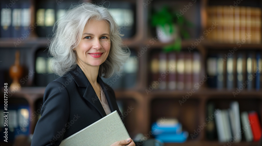 Mature female lawyer, confident, gray-haired, in a business suit, standing against the background of an office with books and copy space. Senior female lawyer looking at camera Mature female lawyer, confident, gray-haired, in a business suit, standing against the background of an office with books and copy space. Senior female lawyer looking at camera